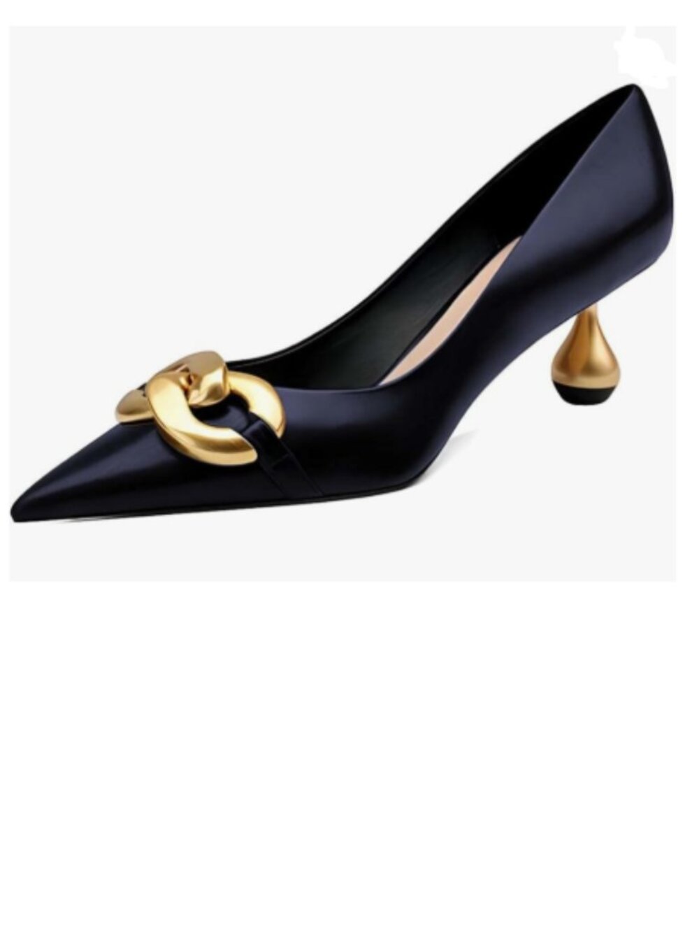 XYD Navy Low Heel Pointed Toe Pumps with Metal Chain Solid Golden Heeled Shoes